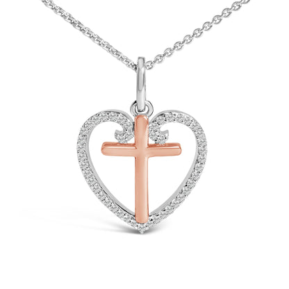 14K Rose Gold Plated Sterling Silver 1/5 Cttw Diamond Heart Cross Pendant Necklace