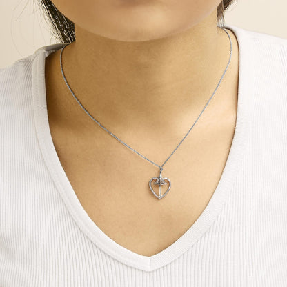 14K Rose Gold Plated Sterling Silver 1/5 Cttw Diamond Heart Cross Pendant Necklace