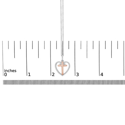14K Rose Gold Plated Sterling Silver 1/5 Cttw Diamond Heart Cross Pendant Necklace