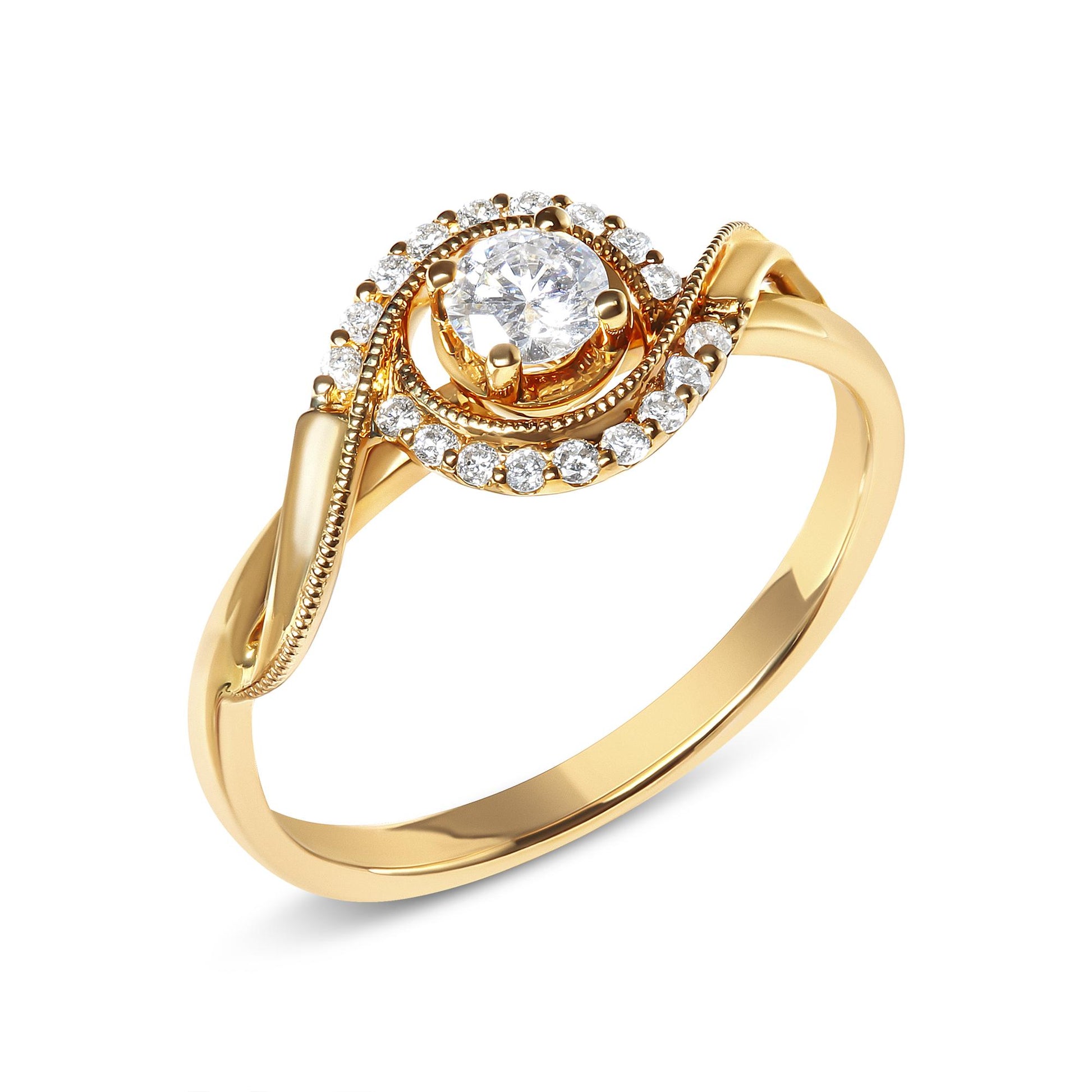 Yellow metal ring with a round white gemstone in a four-prong setting at the center, surrounded by a swirl of smaller round white gemstones in shared prong settings, photographed at an angled top view.