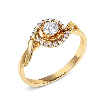 Yellow metal ring with a round white gemstone in a four-prong setting at the center, surrounded by a swirl of smaller round white gemstones in shared prong settings, photographed at an angled top view.