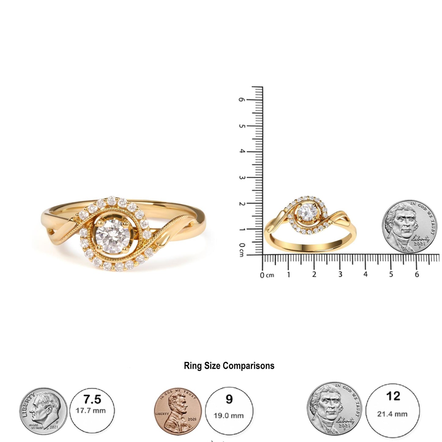 Front angled view of a yellow metal ring with a central round white gemstone in a four-prong setting, surrounded by a swirl of smaller round white gemstones in a shared prong setting, shown next to a ruler and coins for size reference.
