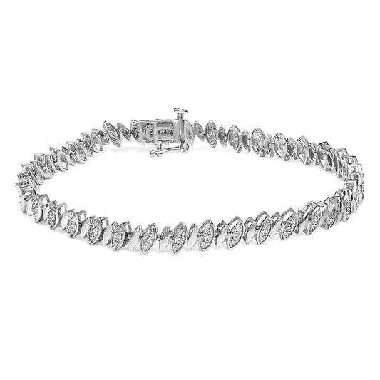 Close-up angle of a white metal bracelet with marquise-shaped links, each set with small round white gemstones in pave setting, displayed flat on a white background.