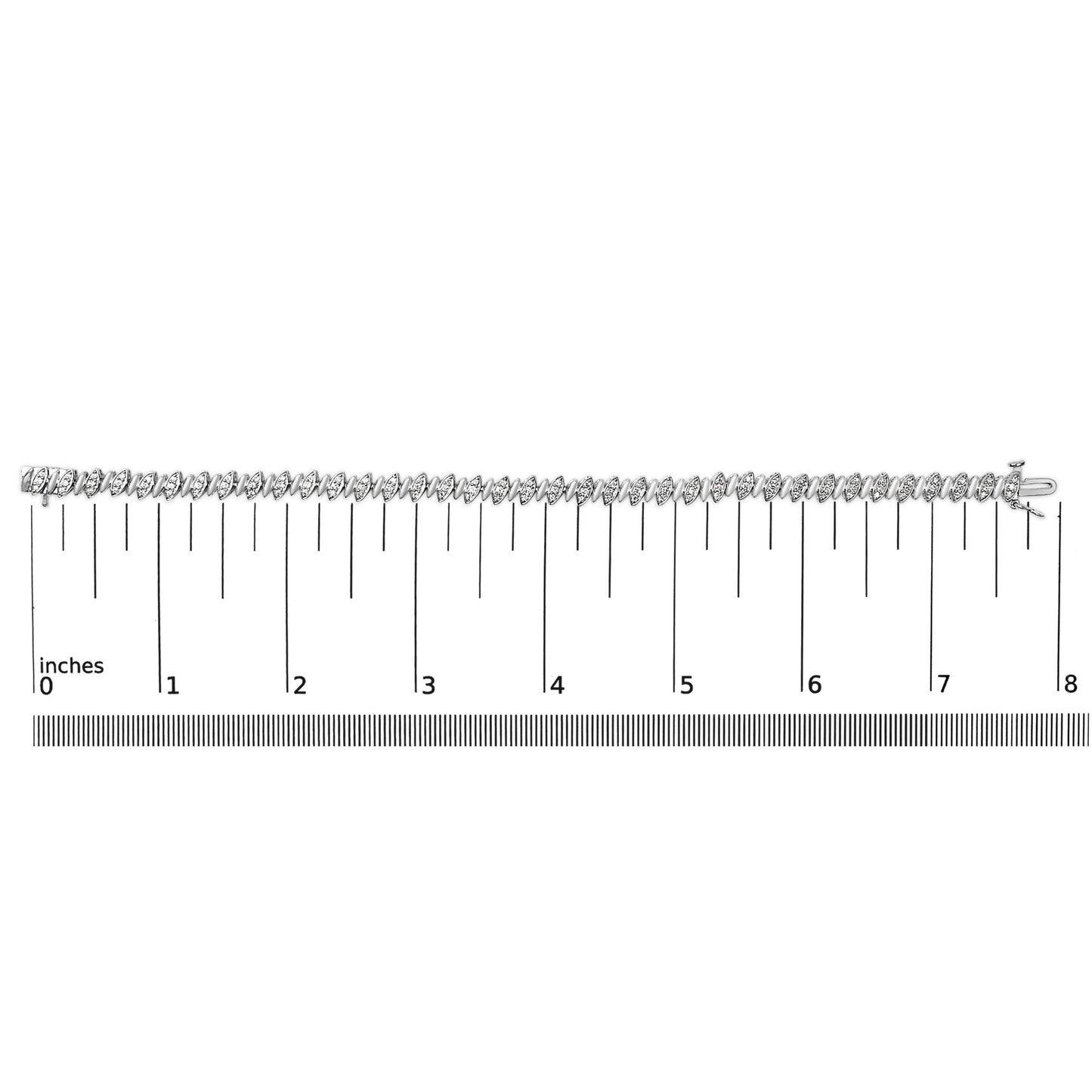 White metal bracelet with round white gemstones in pave setting, shown horizontally on a ruler scale, angled from above.