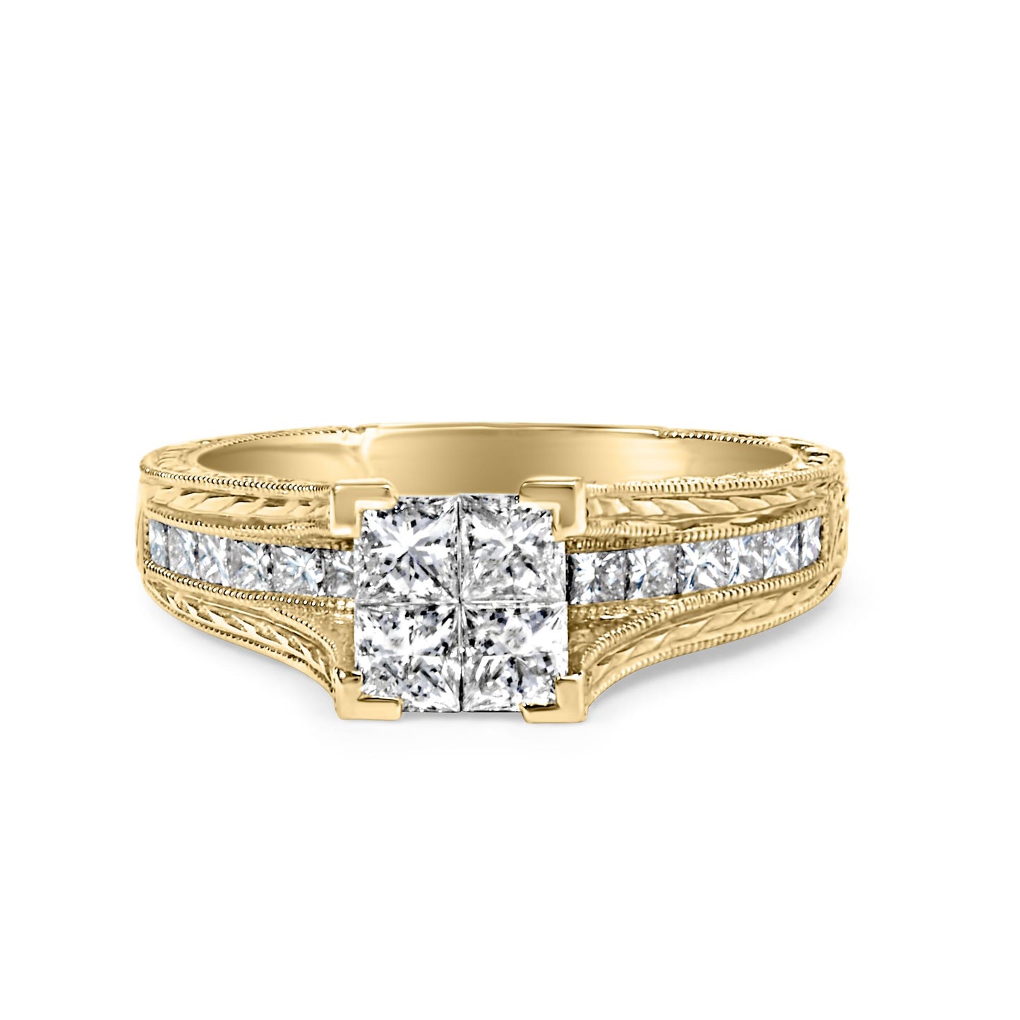 Yellow metal ring with a cluster of square-shaped white gemstones in an invisible setting at the center, flanked by channel-set square white gemstones along the band, shown from a front-facing angle.