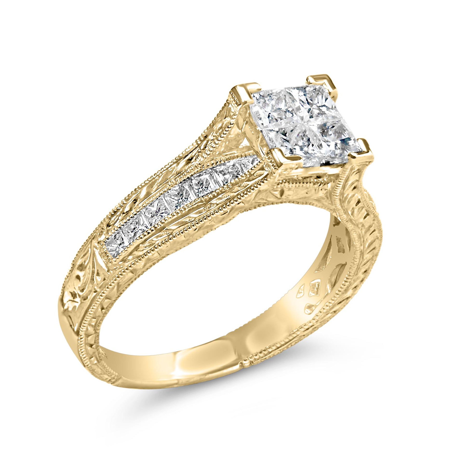 Yellow metal ring with white princess shape gemstones in invisible and channel settings, shown from a side angle.
