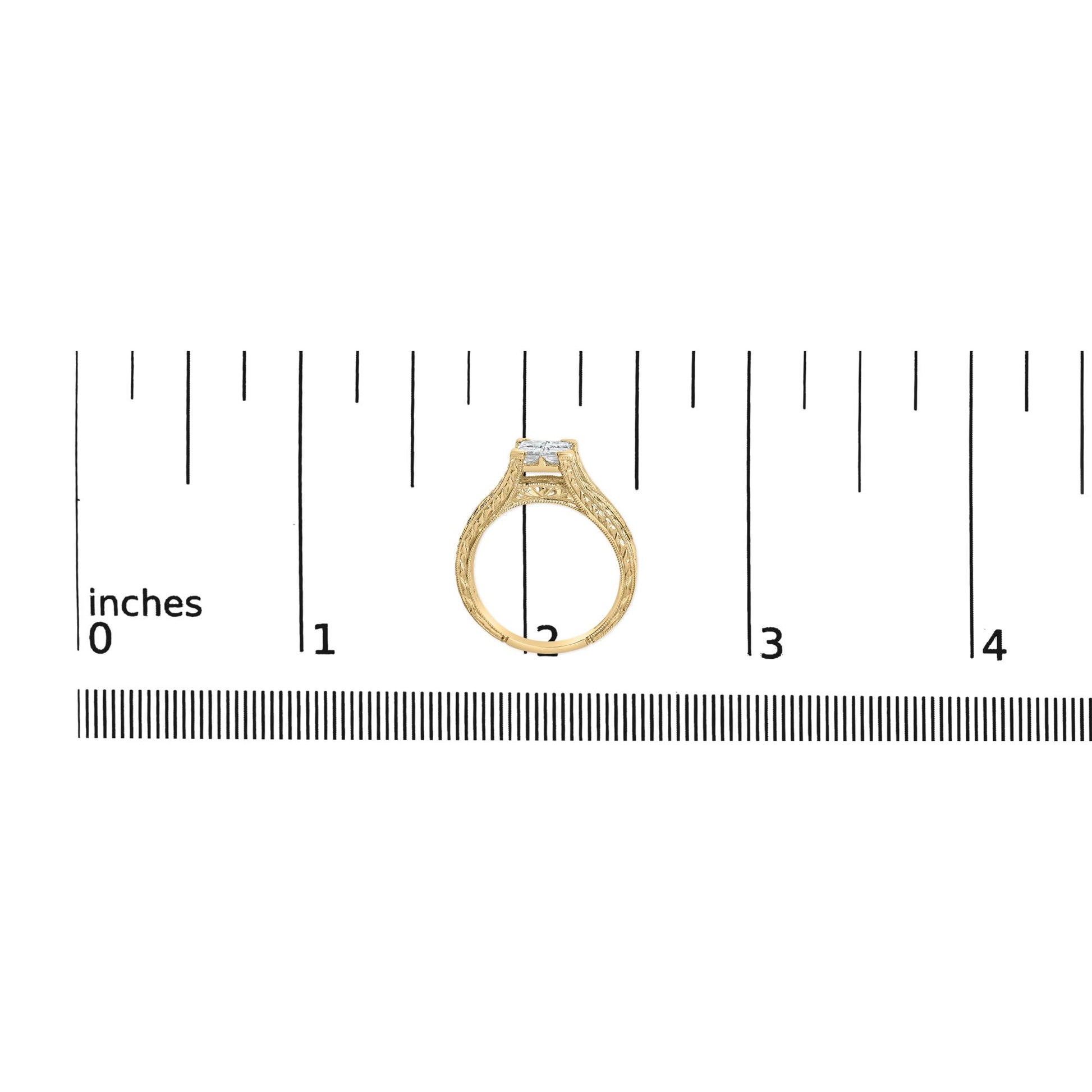 Yellow metal ring with intricate detailing, featuring four white princess shape gemstones in an invisible setting on top, and a row of channel-set white princess shape gemstones along the band, shown from the side on a ruler for size reference.