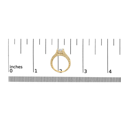Yellow metal ring with intricate detailing, featuring four white princess shape gemstones in an invisible setting on top, and a row of channel-set white princess shape gemstones along the band, shown from the side on a ruler for size reference.