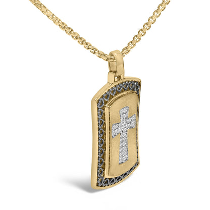14K Yellow Gold Plated Sterling Silver 1/4 Cttw Diamond Cross Dog Tag Pendant Necklace