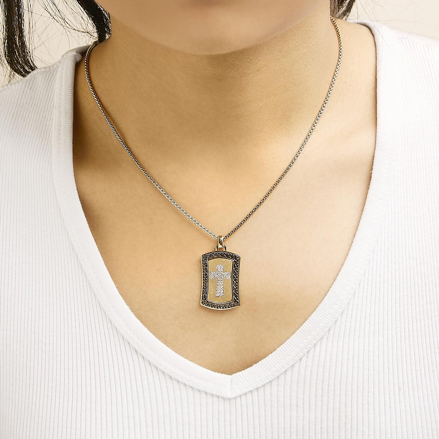 14K Yellow Gold Plated Sterling Silver 1/4 Cttw Diamond Cross Dog Tag Pendant Necklace