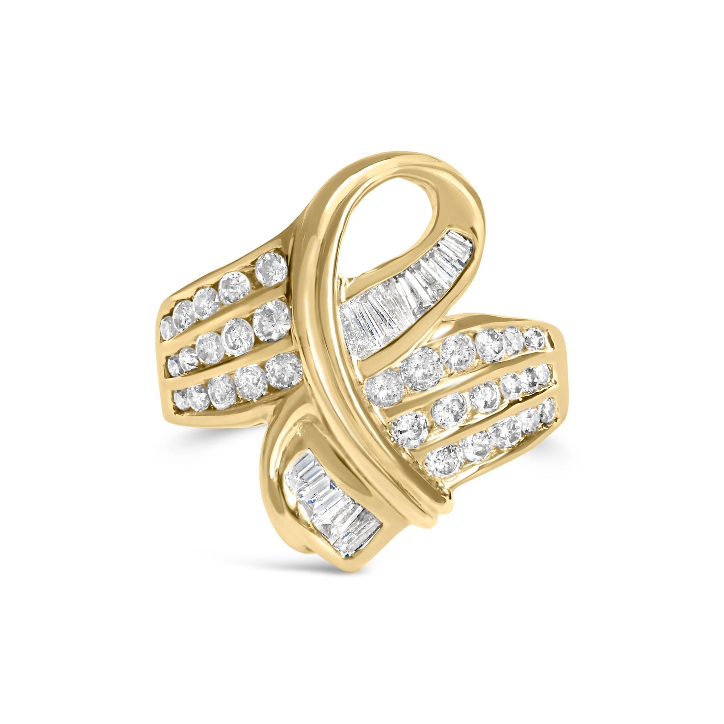 Yellow metal ring with an open loop design set with round and baguette-shaped white gemstones in channel settings, shown from the front angle.