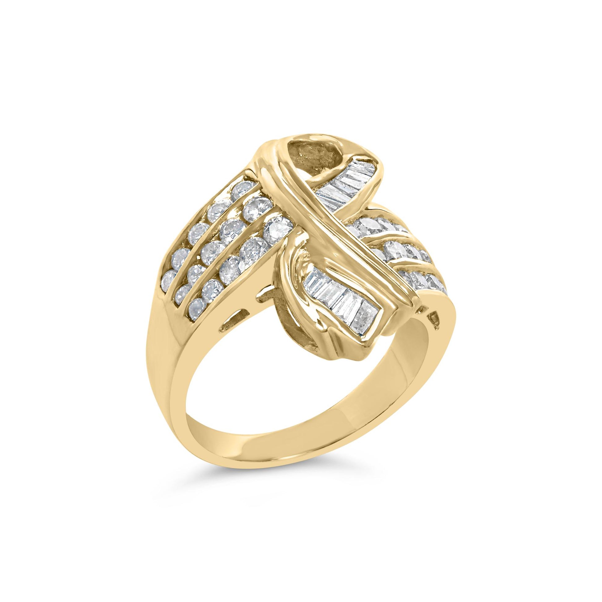 Yellow metal ring with round and baguette white gemstones in channel settings, shown at an angled front view.