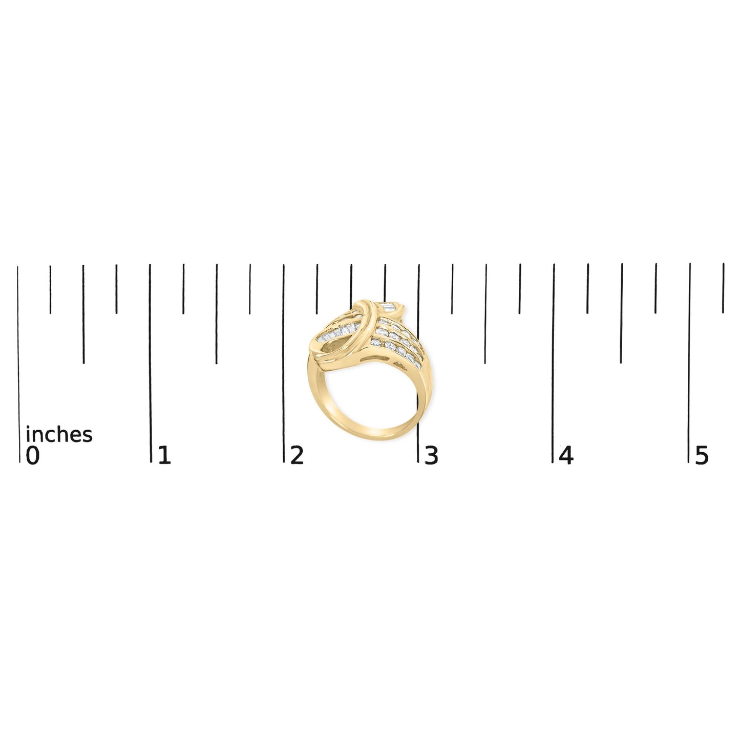 Yellow metal ring with two rows of channel-set white round gemstones and one row of channel-set white baguette gemstones, shown on top of a ruler, angled slightly from above.