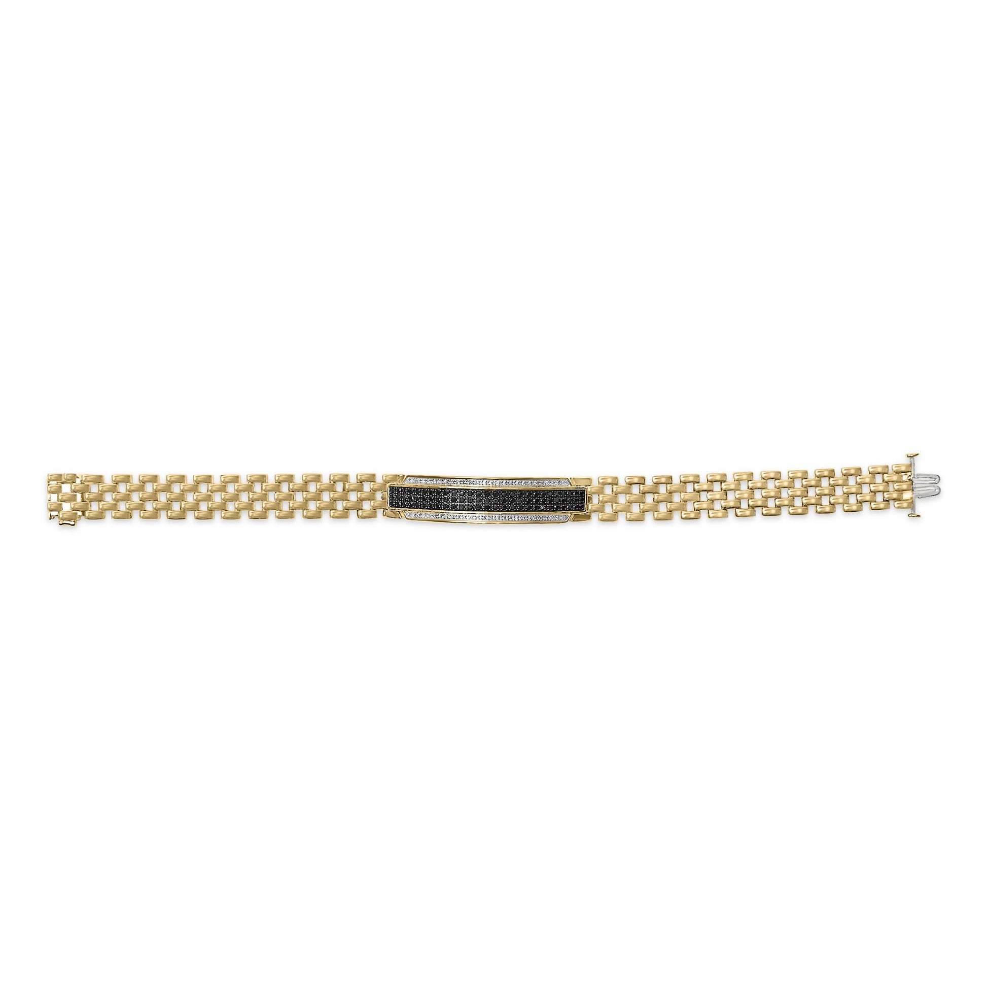 Yellow metal bracelet with a rectangular section featuring black and white pave-set round gemstones, shown from a top-down angle on a white background.