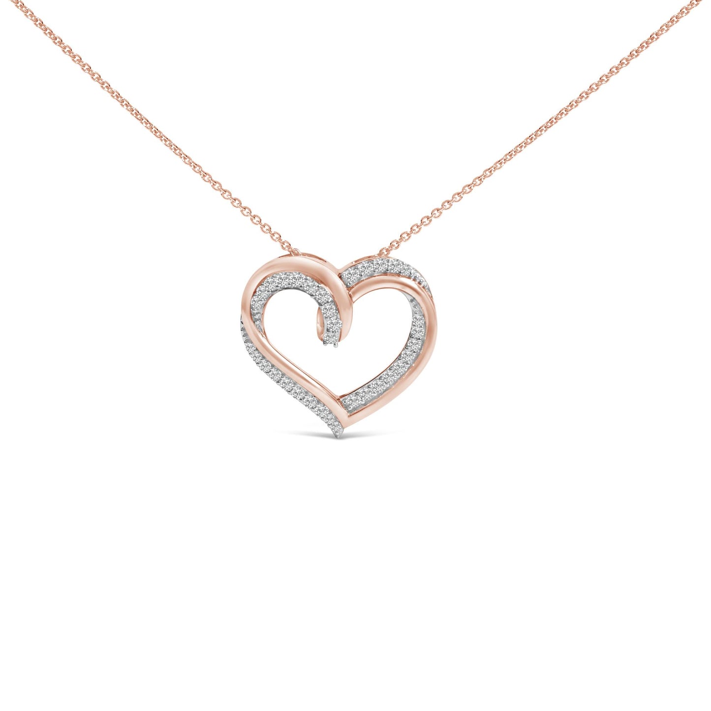 Close-up front view of a heart-shaped necklace pendant with a white and rose metal design and round white gemstones in prong settings, shown against a white background.