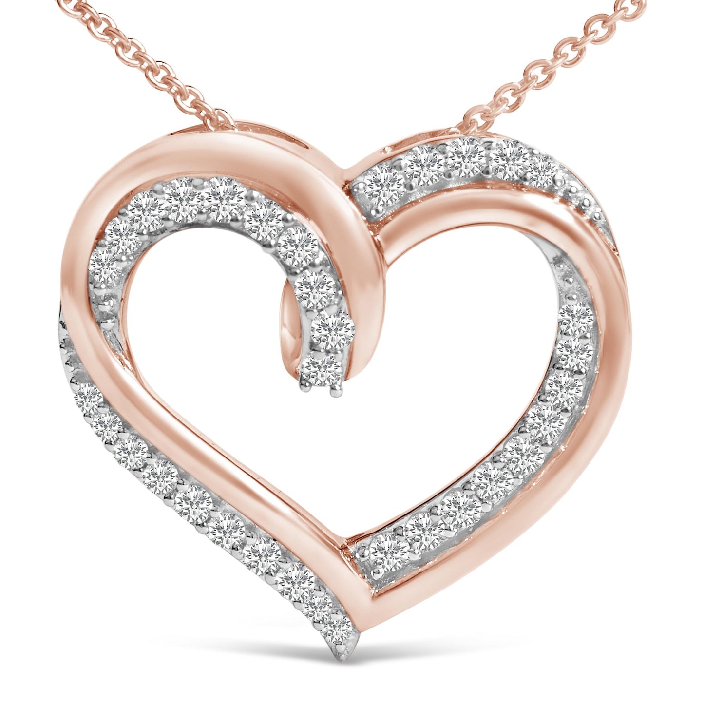 Close-up front view of a heart-shaped necklace pendant in white and rose metal colors, adorned with round white gemstones in prong settings along the curves.