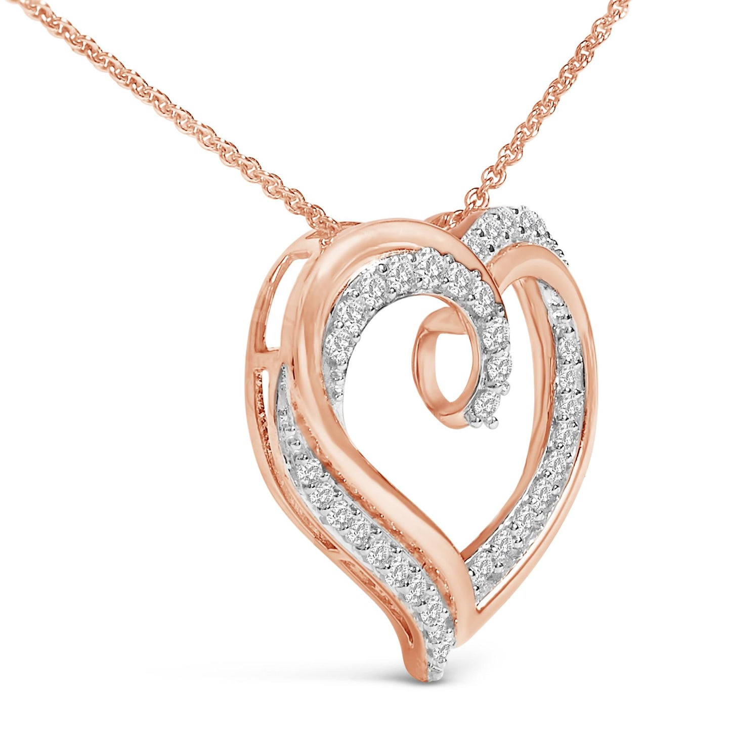Close-up front angle of a heart-shaped necklace pendant in white and rose metal colors, adorned with prong-set round white gemstones along the curves.