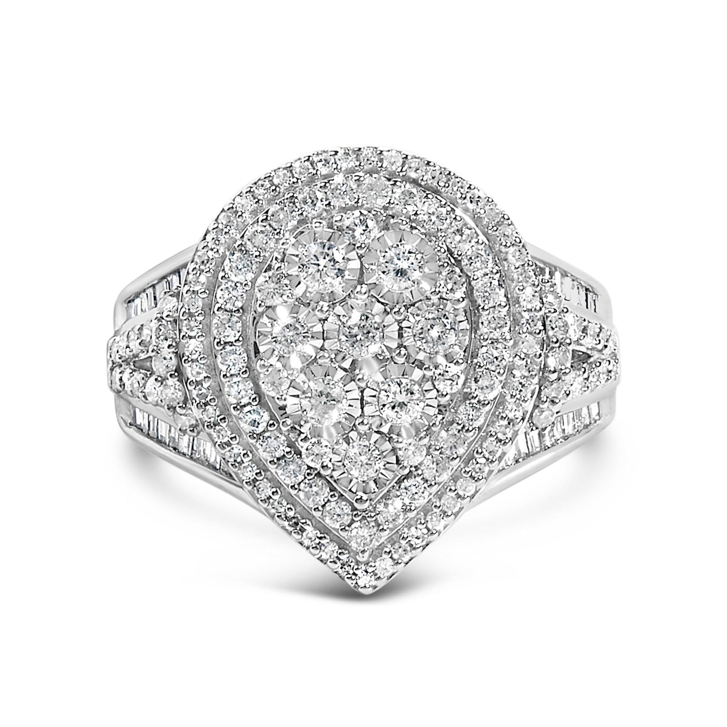 Front view of a white metal ring with a pear-shaped cluster of round prong-set white gemstones in the center, surrounded by two rows of smaller round white gemstones, with baguette white gemstones channel-set along the split shank.