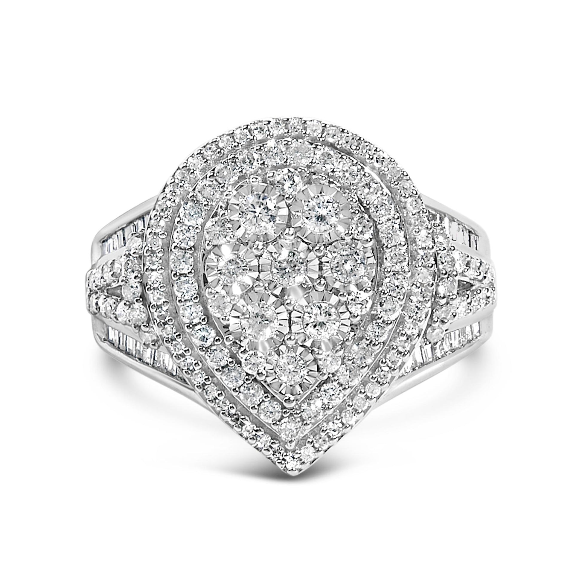 Front view of a white metal ring with a pear-shaped cluster of round prong-set white gemstones in the center, surrounded by two rows of smaller round white gemstones, with baguette white gemstones channel-set along the split shank.