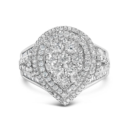 Front view of a white metal ring with a pear-shaped cluster of round prong-set white gemstones in the center, surrounded by two rows of smaller round white gemstones, with baguette white gemstones channel-set along the split shank.