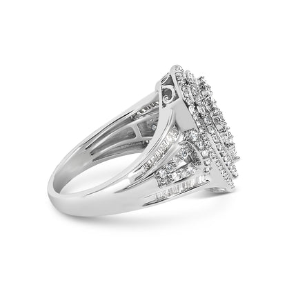 White metal ring with a wide band, shown at side angle, featuring a rectangular cluster of white round gemstones in prong settings surrounded by rows of white baguette gemstones in channel settings along the band.