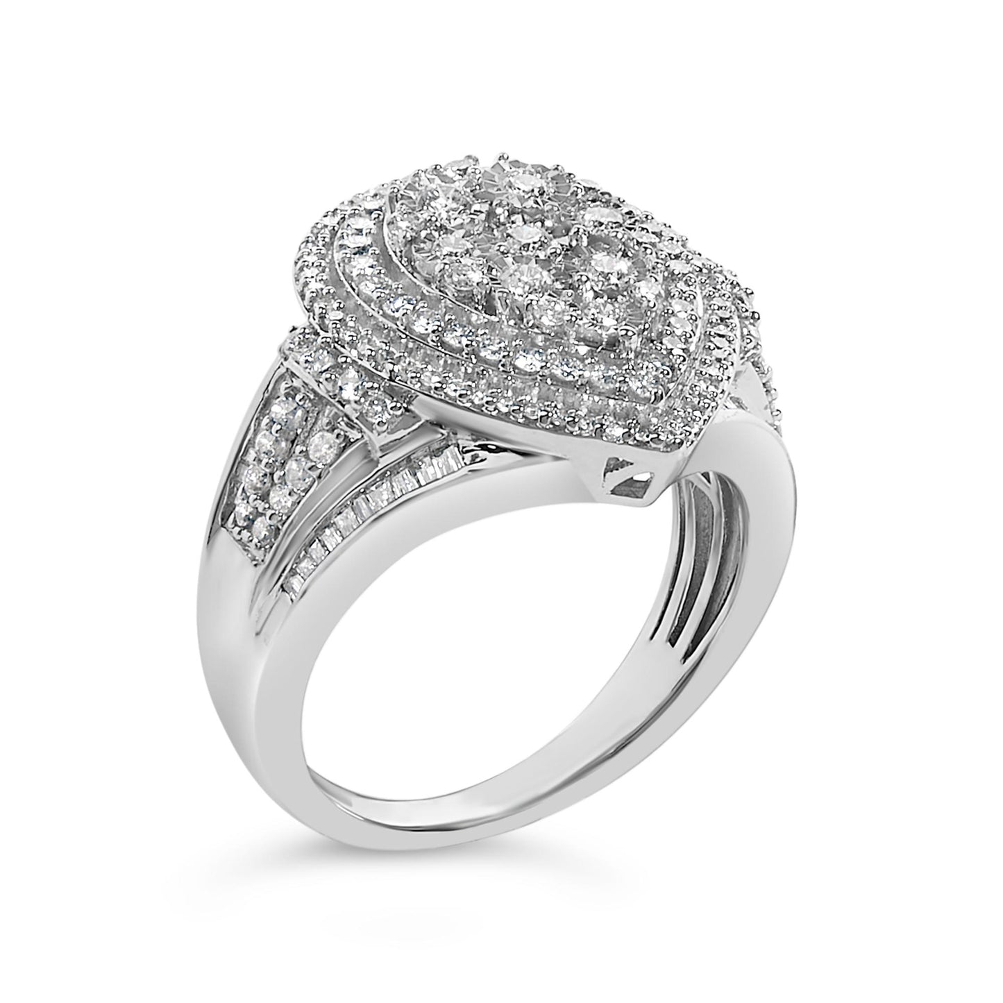 White metal ring with a pear-shaped cluster of round white gemstones on top surrounded by concentric rows of smaller round gemstones, and bands of round and baguette white gemstones on the shoulders, shown from a front angled view.