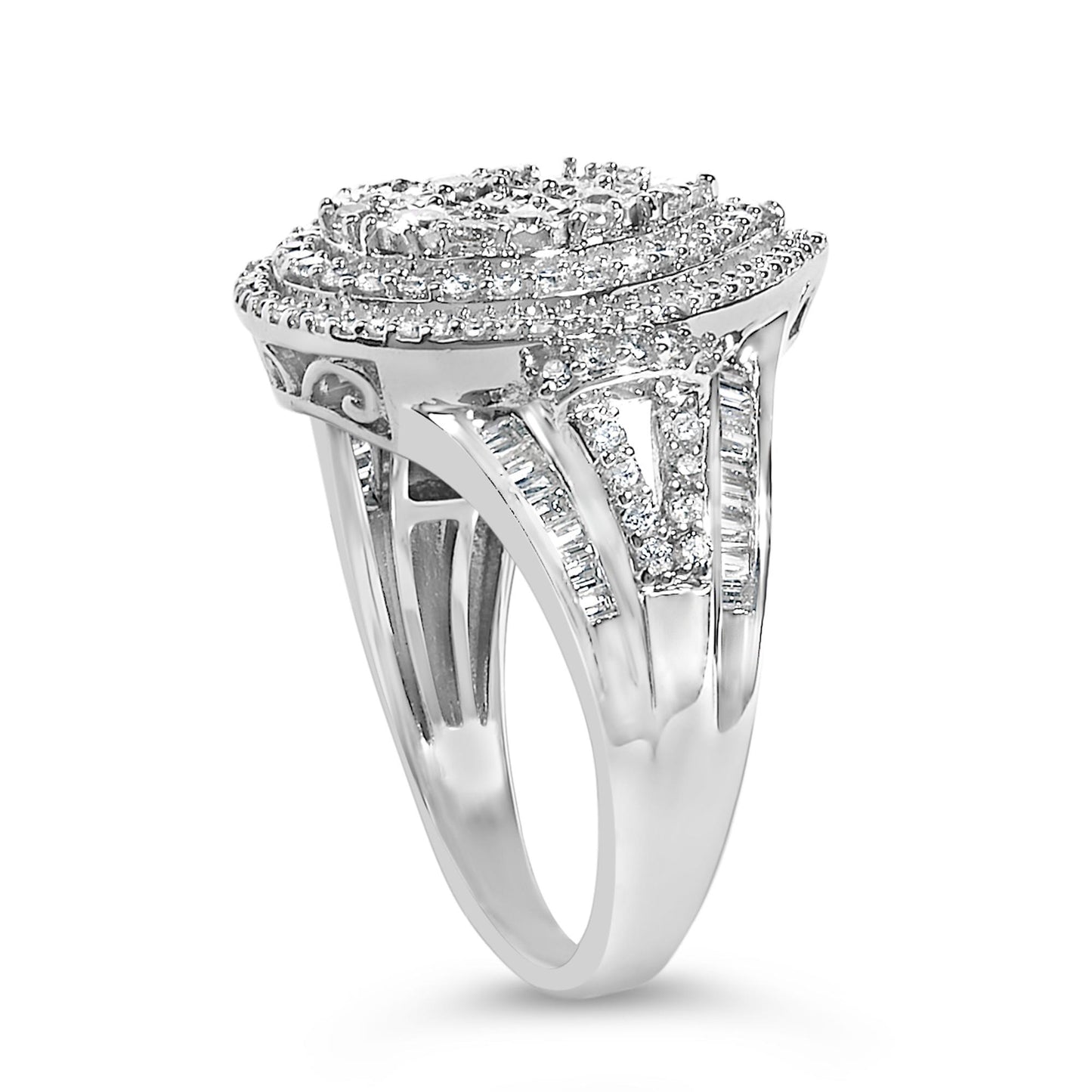 White ring with an elevated design shown from a side angle, featuring rows of white round gemstones in prong settings and white baguette gemstones in channel settings on a split shank.