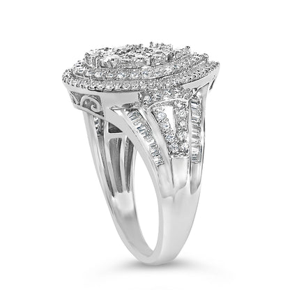 White ring with an elevated design shown from a side angle, featuring rows of white round gemstones in prong settings and white baguette gemstones in channel settings on a split shank.