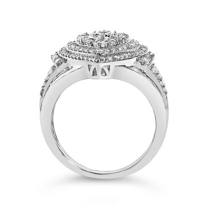 White metal ring shown from the side angle with a square-shaped cluster of white round gemstones in prong setting and white baguette gemstones in channel setting around the band.