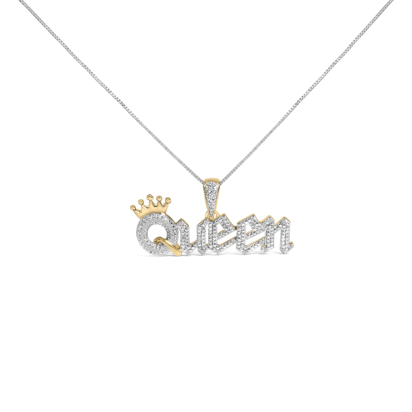 14K Yellow Gold Plated Sterling Silver 1/10 Cttw Diamond “Queen” Nameplate Pendant Necklace