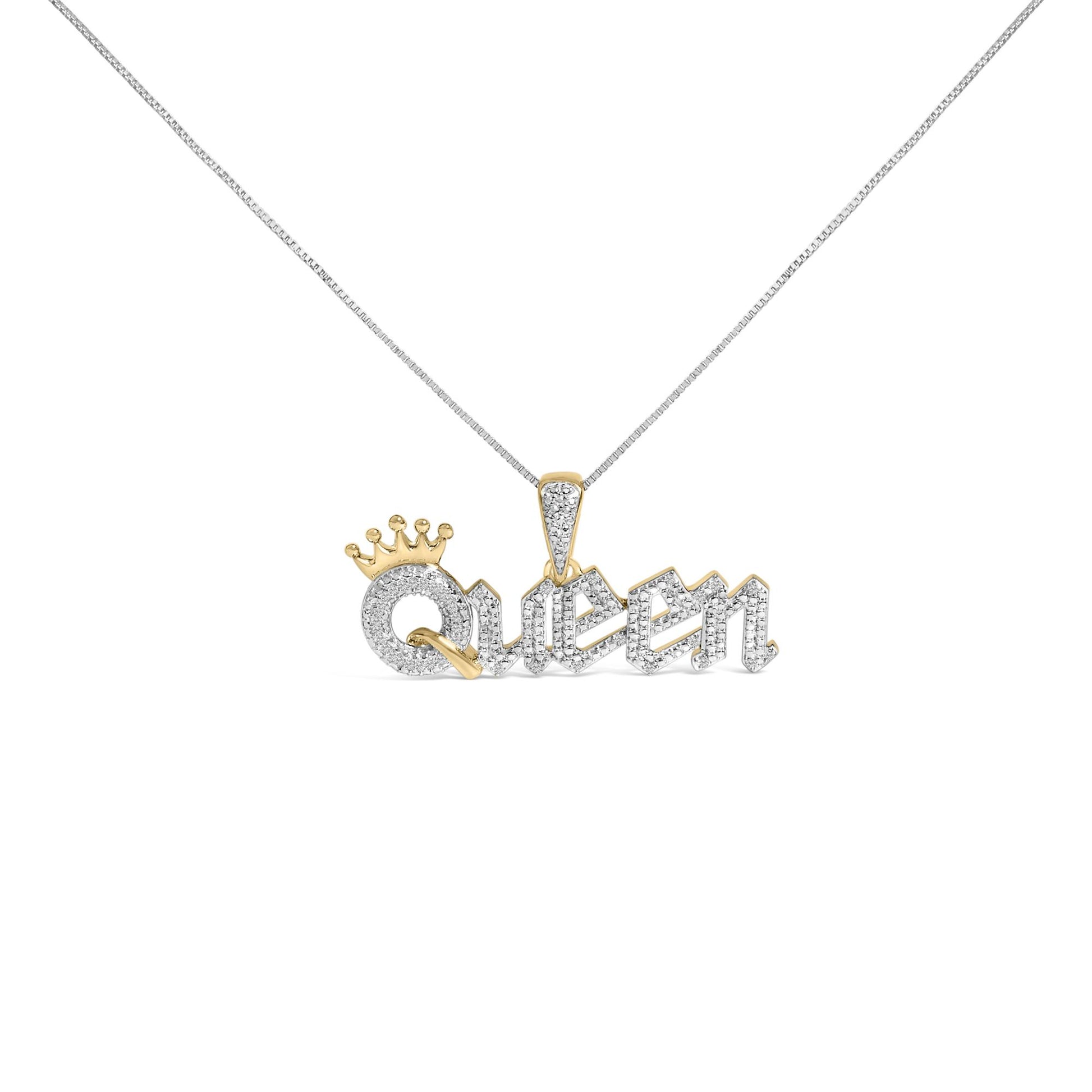 14K Yellow Gold Plated Sterling Silver 1/10 Cttw Diamond “Queen” Nameplate Pendant Necklace