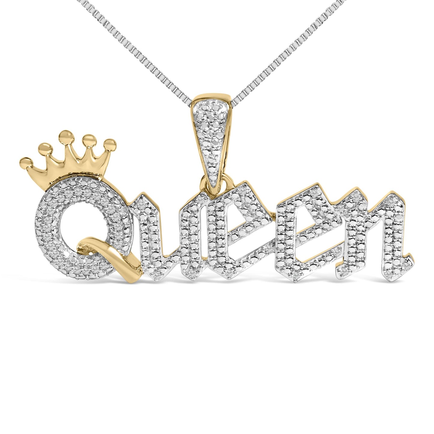14K Yellow Gold Plated Sterling Silver 1/10 Cttw Diamond “Queen” Nameplate Pendant Necklace
