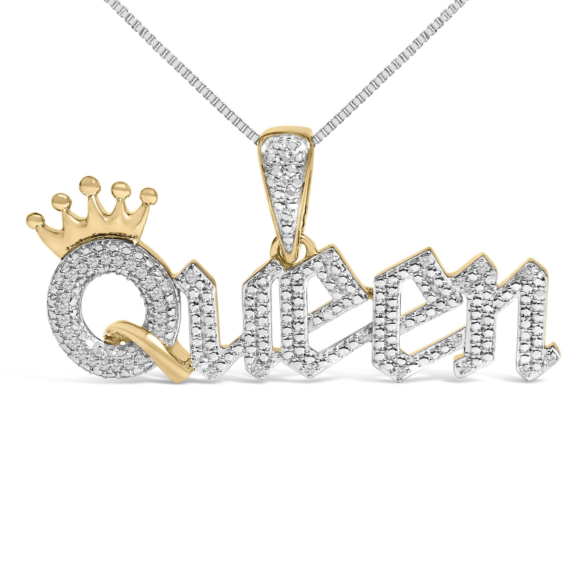 14K Yellow Gold Plated Sterling Silver 1/10 Cttw Diamond “Queen” Nameplate Pendant Necklace