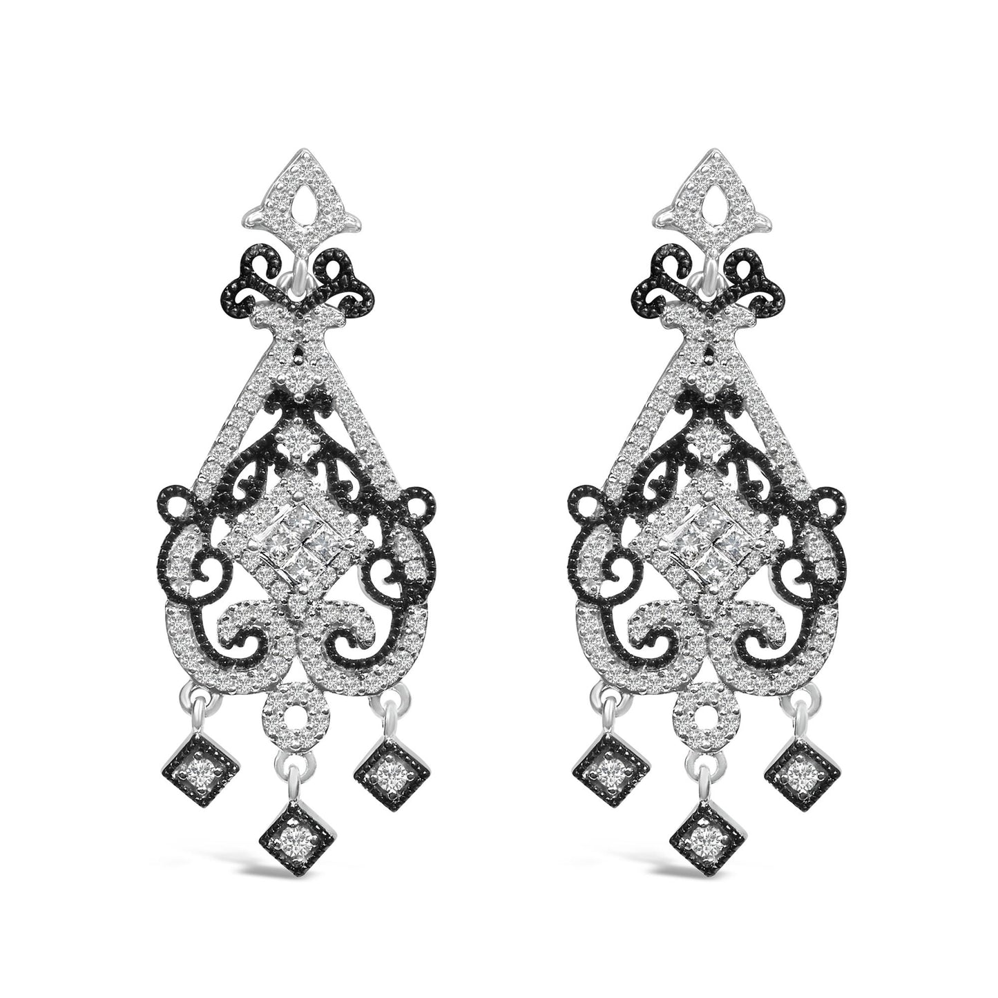 Pair of white and black metal drop earrings with intricate scrollwork, featuring princess and round white gemstones in various invisible and prong settings, shown in a front-facing view.