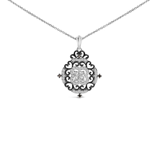 Front view of a white and black metal necklace with a round pendant featuring an intricate scroll design, decorated with round white gemstones, four princess-shaped white gemstones in the center, and round black gemstones at the edges.