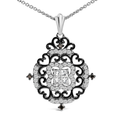 Close-up front view of a necklace pendant with a white metal chain. The pendant features an ornate openwork design in black metal with white round gemstones set in shared prong settings forming curving patterns around the center. The center showcases four white princess-shaped gemstones set in prongs. Four black round gemstones in prong settings are placed symmetrically around the outer design.
