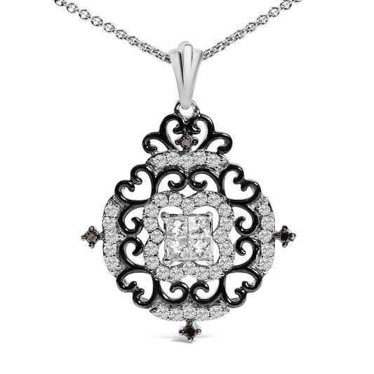 Close-up front view of a necklace pendant with a white metal chain. The pendant features an ornate openwork design in black metal with white round gemstones set in shared prong settings forming curving patterns around the center. The center showcases four white princess-shaped gemstones set in prongs. Four black round gemstones in prong settings are placed symmetrically around the outer design.