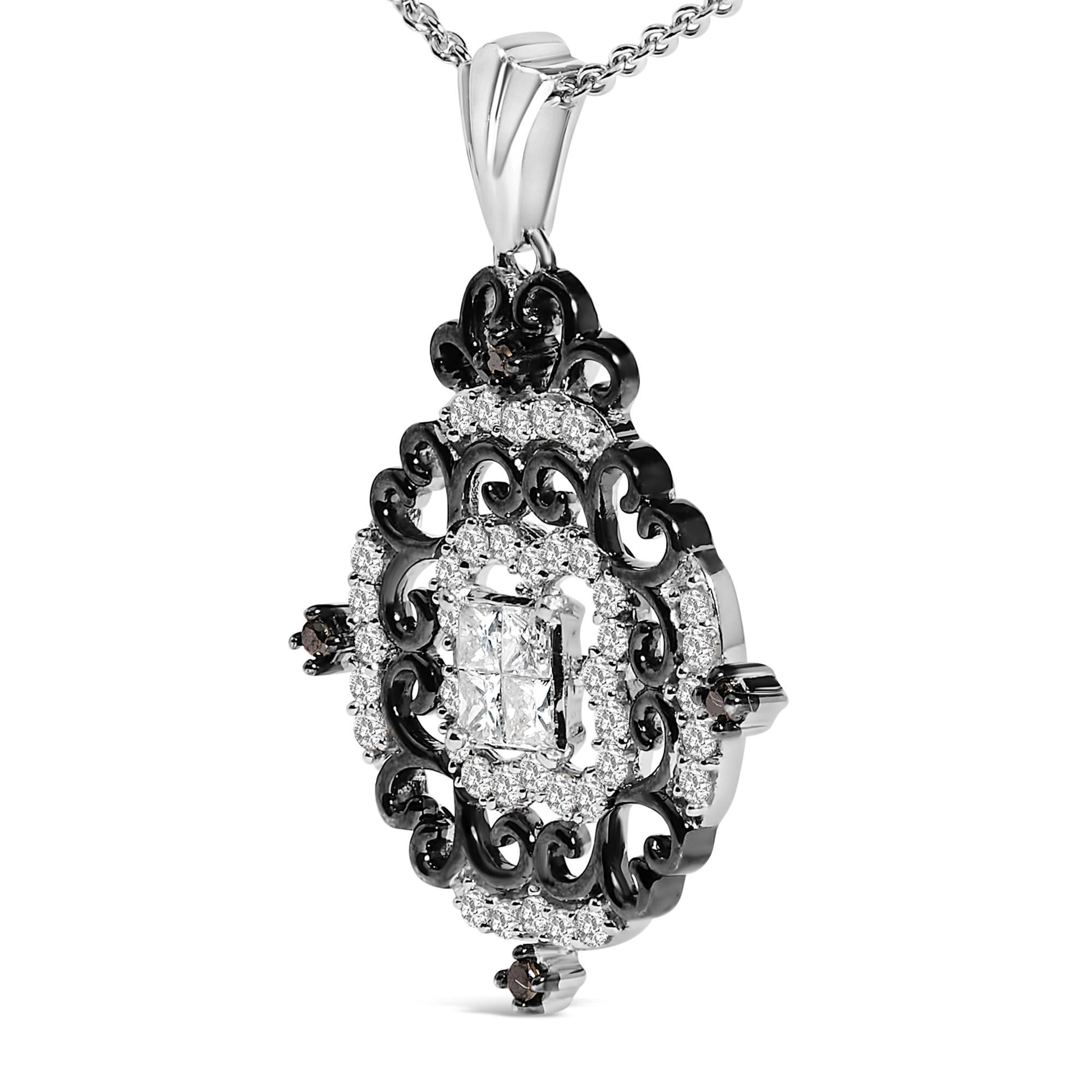 Close-up front angled view of an ornate necklace pendant with white and black metal. The pendant features a central cluster of square-shaped white gemstones surrounded by round white gemstones in shared prong settings, with black gemstones accenting the intricate scrollwork design. The pendant is hanging from a twisted chain.