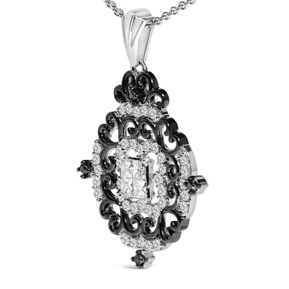 Close-up front angled view of an ornate necklace pendant with white and black metal. The pendant features a central cluster of square-shaped white gemstones surrounded by round white gemstones in shared prong settings, with black gemstones accenting the intricate scrollwork design. The pendant is hanging from a twisted chain.
