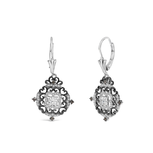 Pair of white and black metal earrings with intricate scrollwork, featuring central princess-shaped white gemstones surrounded by round white gemstones and accented with small round black gemstones, shown from front and side angles.