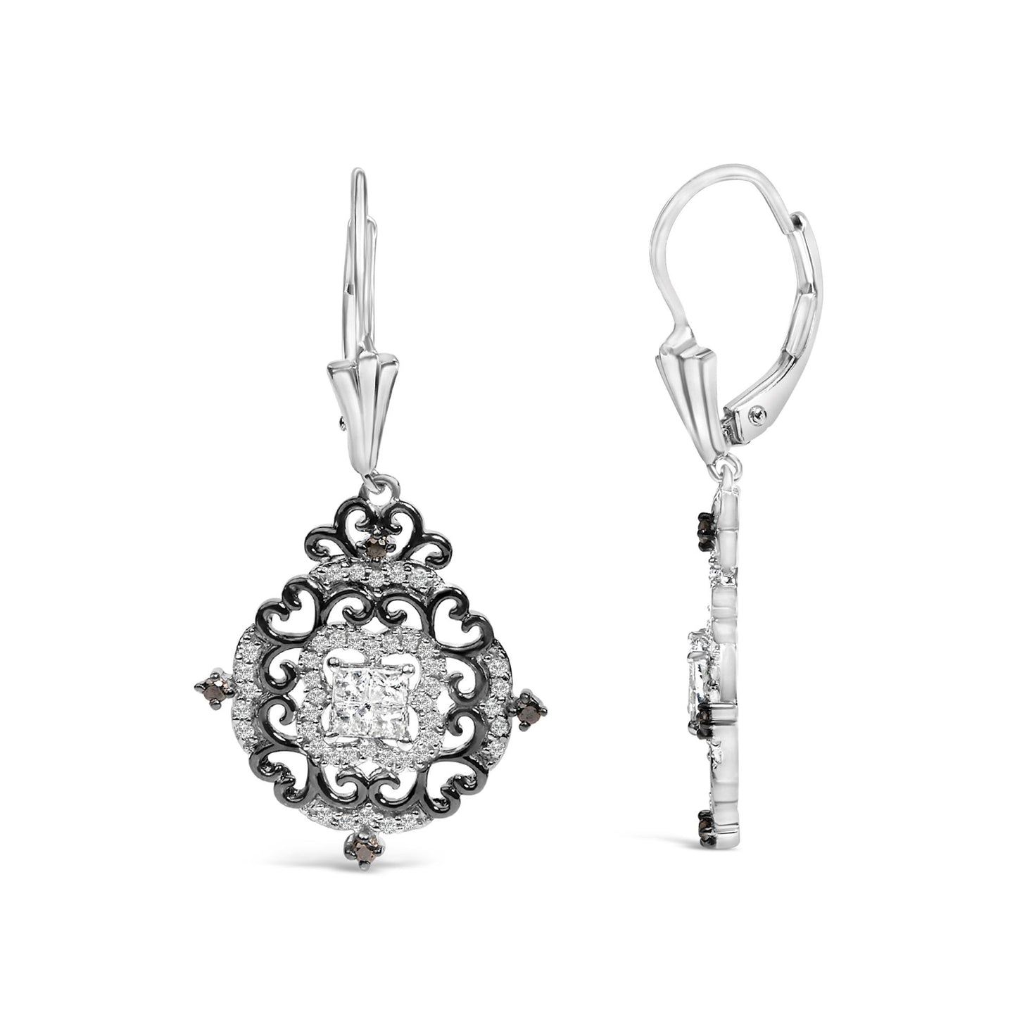 Front and side view of white and black metal drop earrings with intricate scroll design, featuring a center cluster of white princess-shaped gemstones, surrounded by small round white gemstones, and accented with round black gemstones.