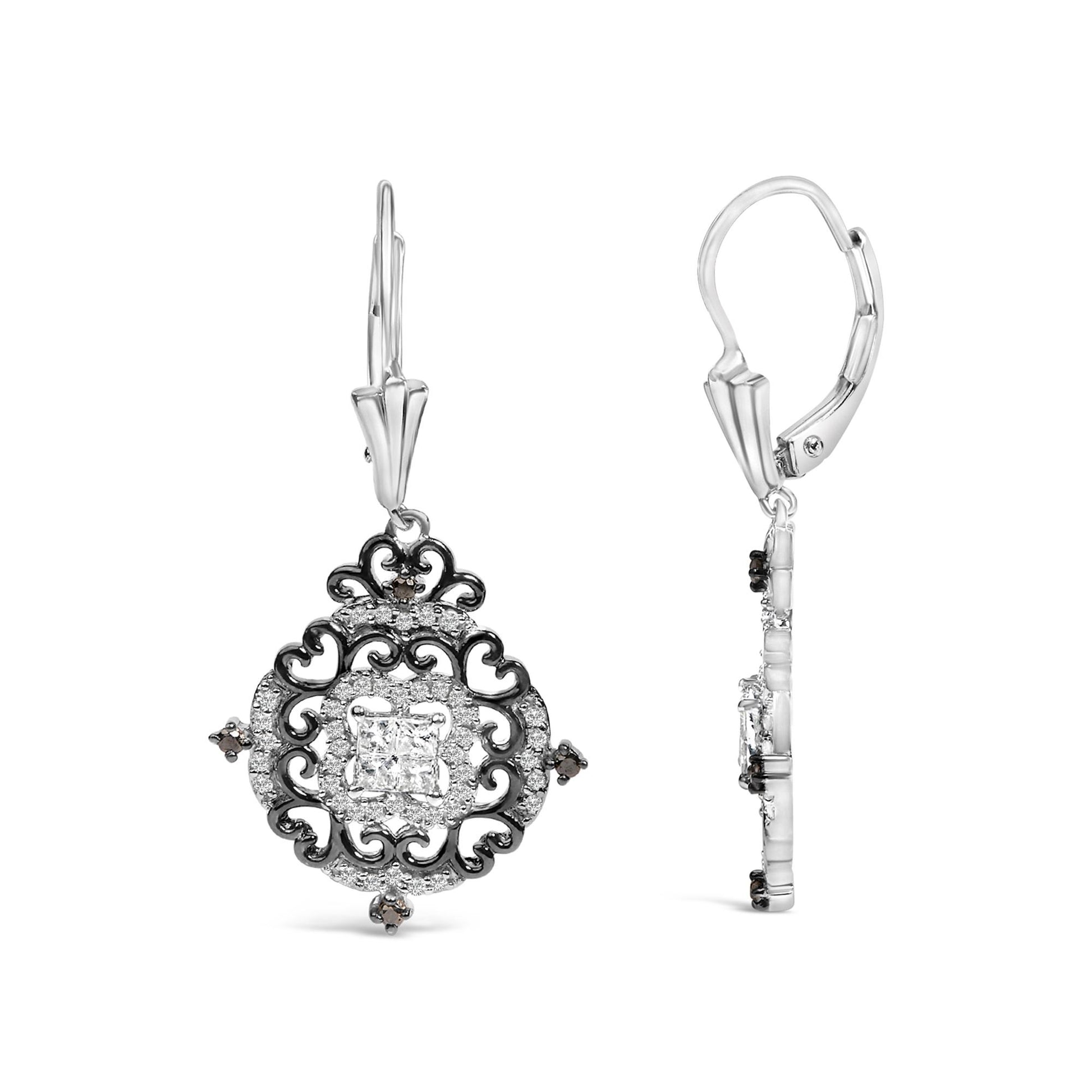 Front and side view of white and black metal drop earrings with intricate scroll design, featuring a center cluster of white princess-shaped gemstones, surrounded by small round white gemstones, and accented with round black gemstones.