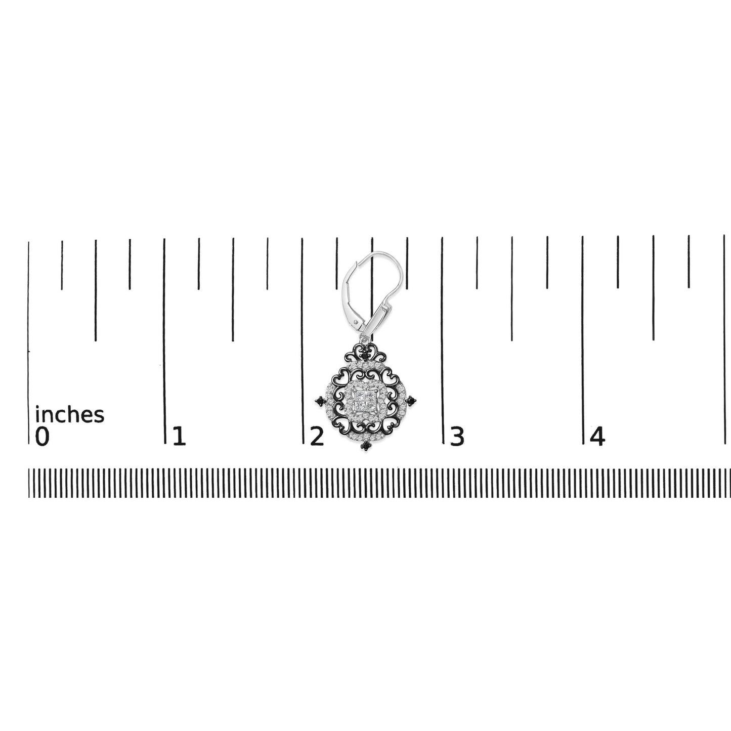 Earring with white and black metal featuring a square cluster of white gemstones in invisible setting surrounded by ornate black metal scrollwork accented with small round white and black gemstones, shown on a scale from a top front angle.