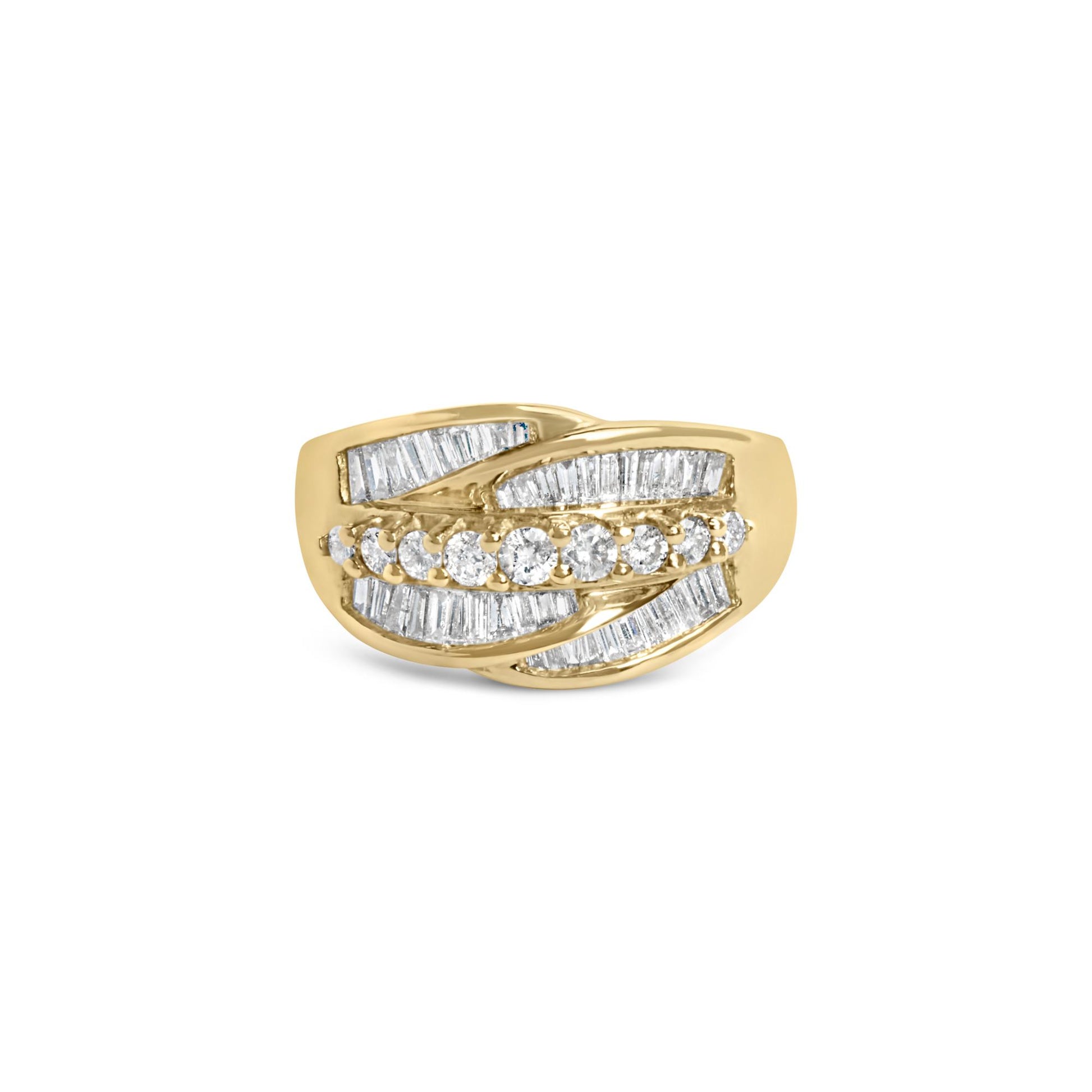 Front angle view of a yellow metal ring featuring a row of round white gemstones in shared prong setting across the center, flanked by multiple rows of baguette-shaped white gemstones in channel settings.