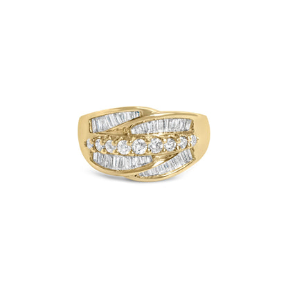 Front angle view of a yellow metal ring featuring a row of round white gemstones in shared prong setting across the center, flanked by multiple rows of baguette-shaped white gemstones in channel settings.