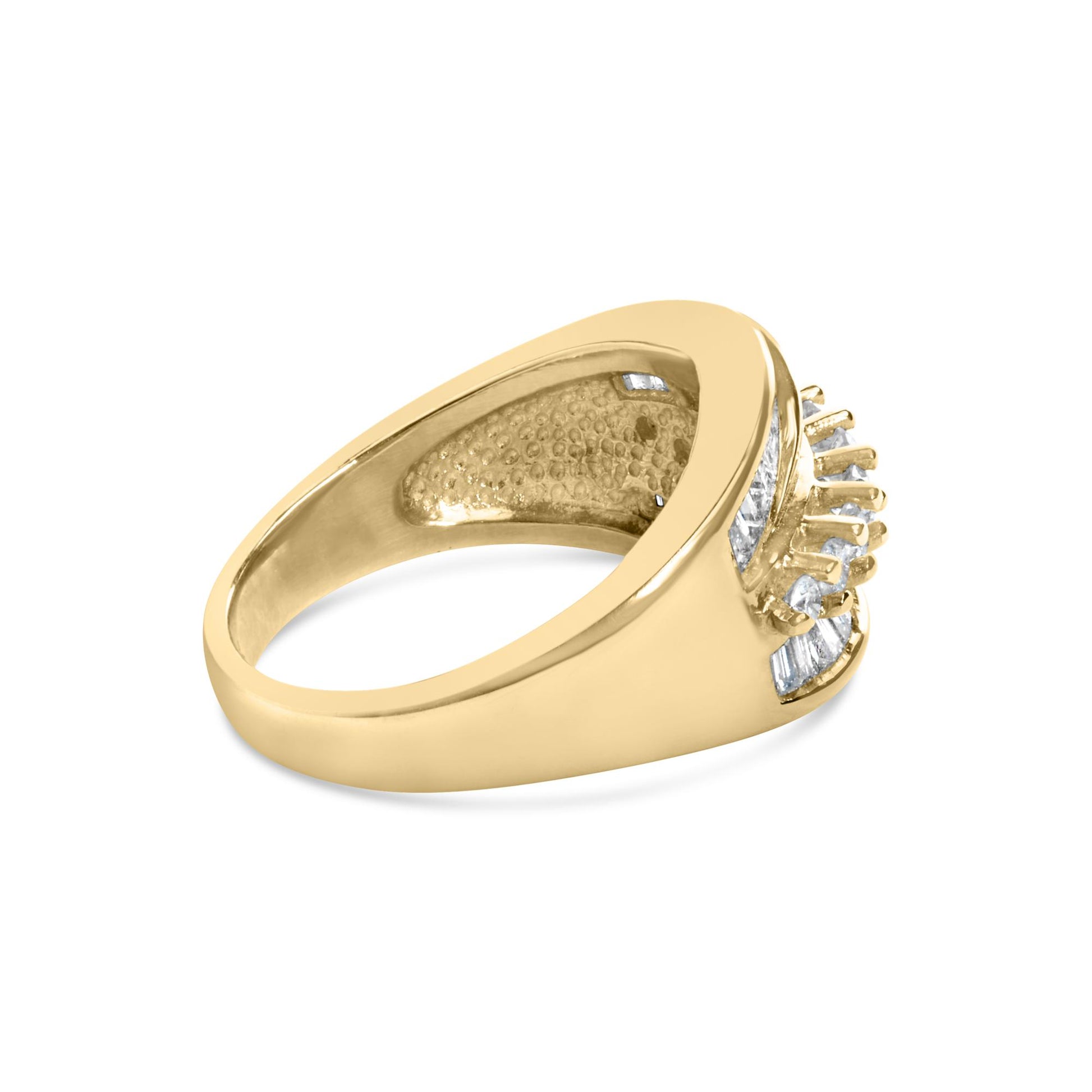 Side angle view of a yellow ring featuring round white gemstones in shared prong setting and baguette white gemstones in channel setting.