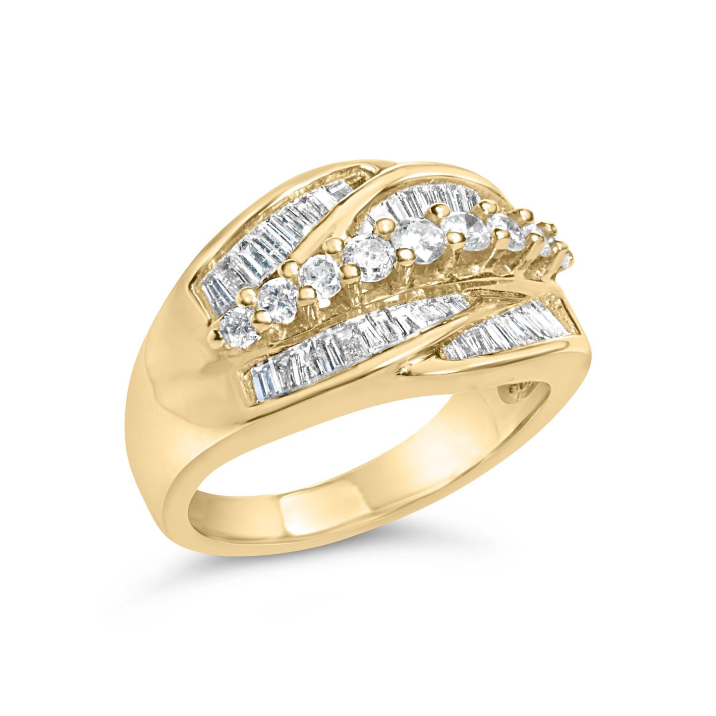 Yellow metal ring with curved rows of white round gemstones in shared prong setting and white baguette gemstones in channel setting, shown at an angled side view.