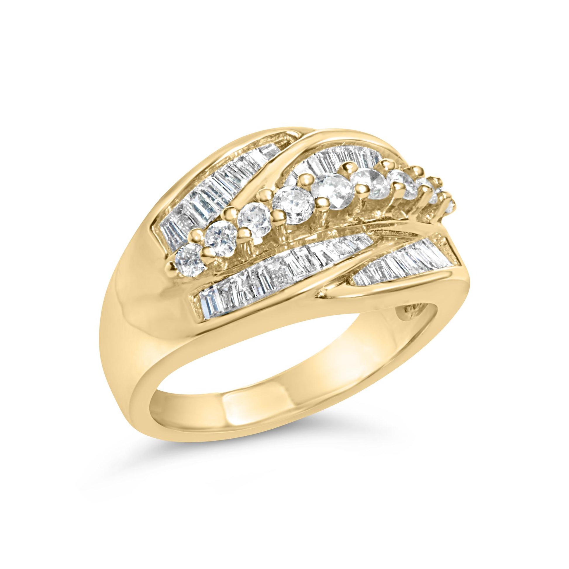 Yellow metal ring with curved rows of white round gemstones in shared prong setting and white baguette gemstones in channel setting, shown at an angled side view.
