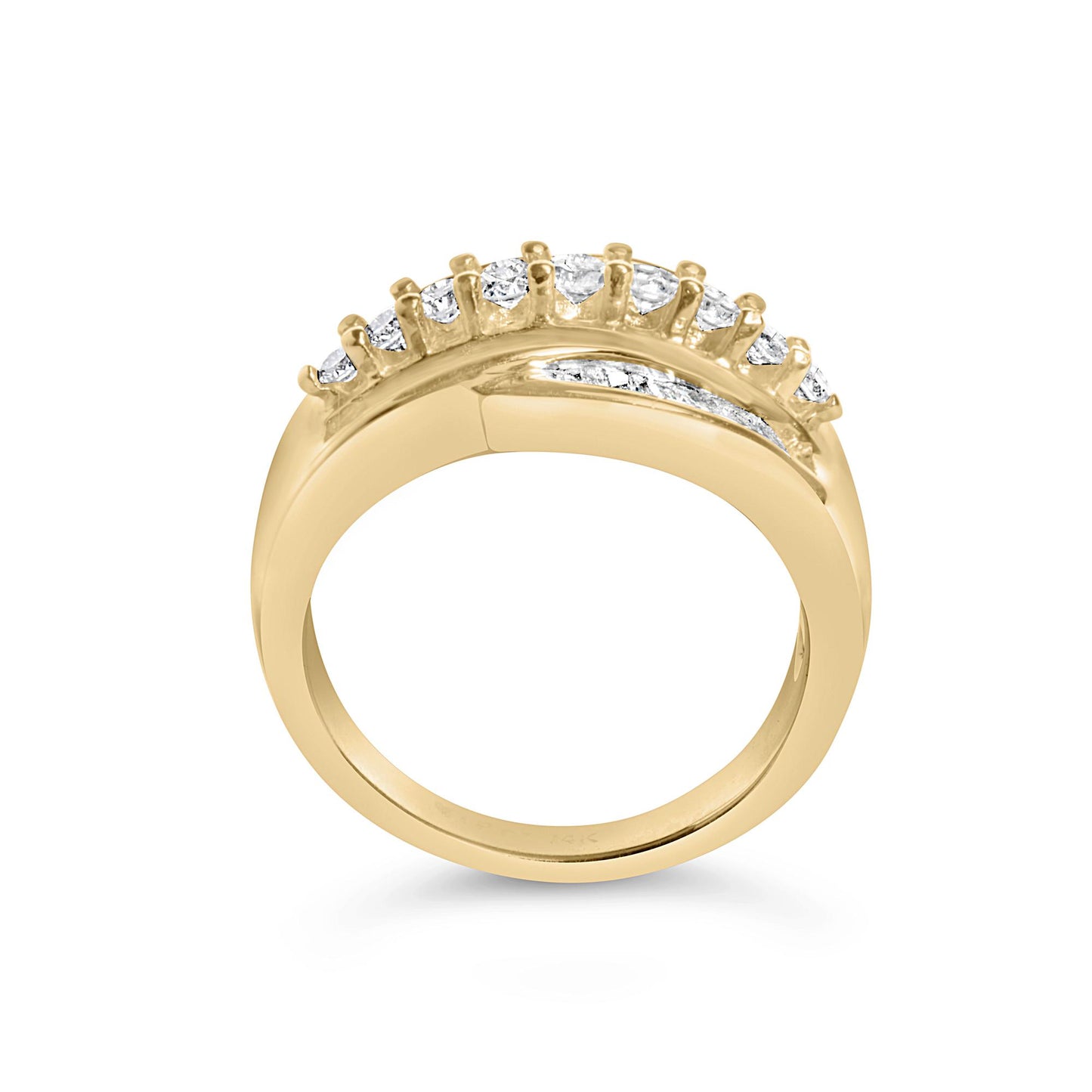 Yellow metal ring shown from the front angle with round white gemstones in shared prong setting along the upper curve and baguette white gemstones in channel setting below them.