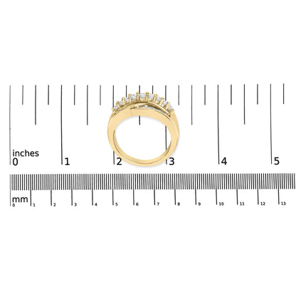 Top view of yellow ring with round white gemstones in shared prong setting and baguette white gemstones in channel setting, placed on a ruler for size reference.